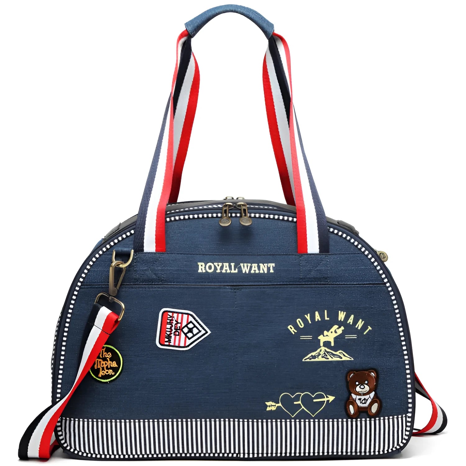 Blue Japanese cartoon style pet diaper bag in denim measuring 43cm by 20cm by 30cm