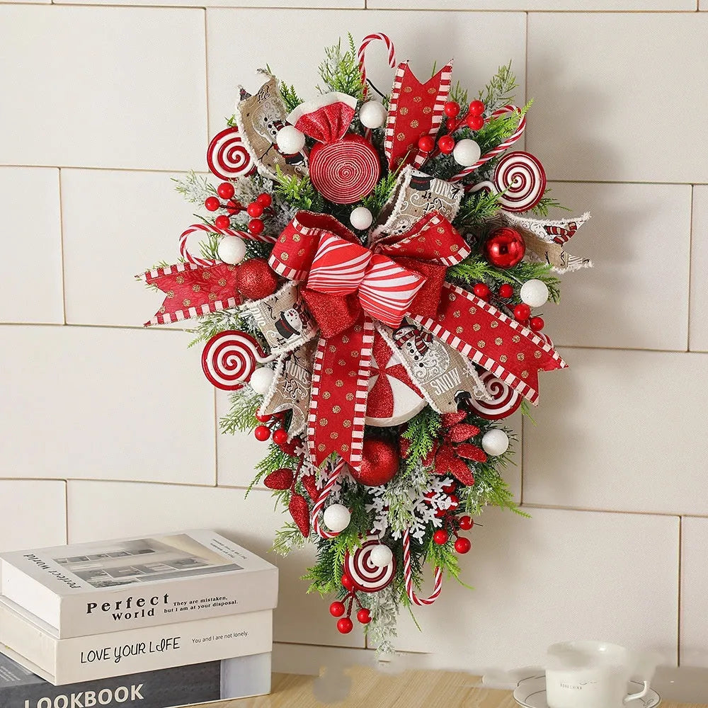 Artificial Christmas candy upside down tree garland in plastic, 50cm size, with yellow ribbon loops for hanging