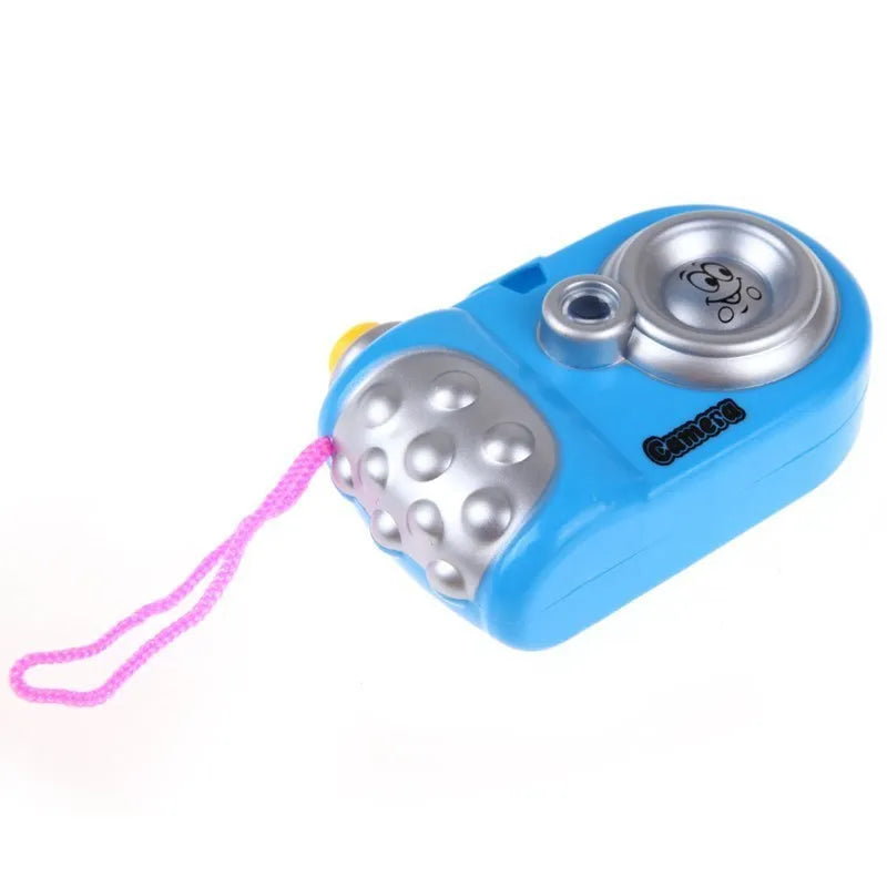 Children's plastic projection camera toy showing animal images with interactive sliding lip mechanism