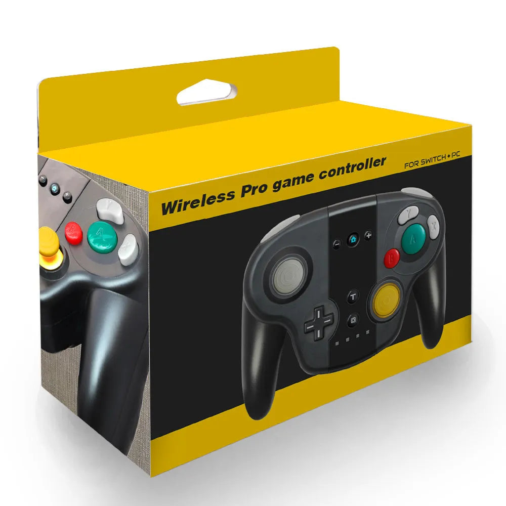 Black wireless gamepad controller with buttons, compatible with Nintendo SWITCH and Windows PCs.