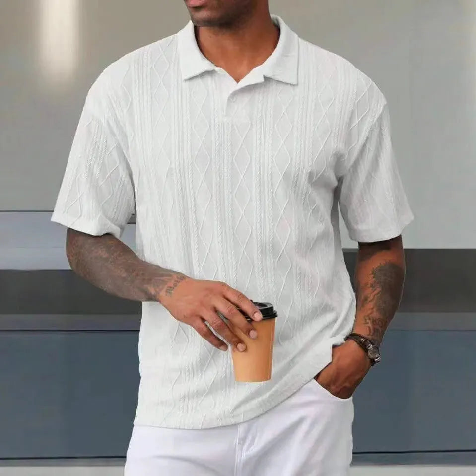 Retro button lapel short sleeve t-shirt in a cotton blend fabric, shown in a solid colour with a slit detail.
