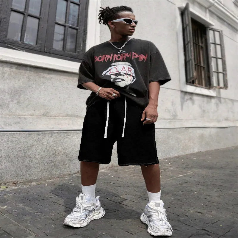 Men's straight leg hip-hop trousers in medium length, available in black, light grey, and green colours