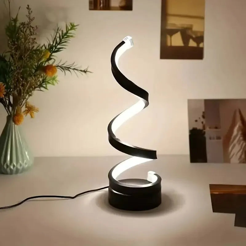 USB powered spiral LED desk lamp in black, compact adjustable design for desk use