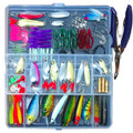 132-piece fishing lure set with soft baits, high carbon steel hooks, and rose red treasure colour lures in storage case