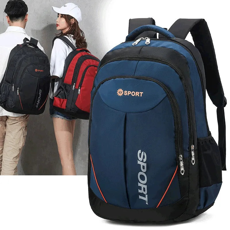 Large nylon backpack for men in grey colour with letter detailing and curved shoulder straps