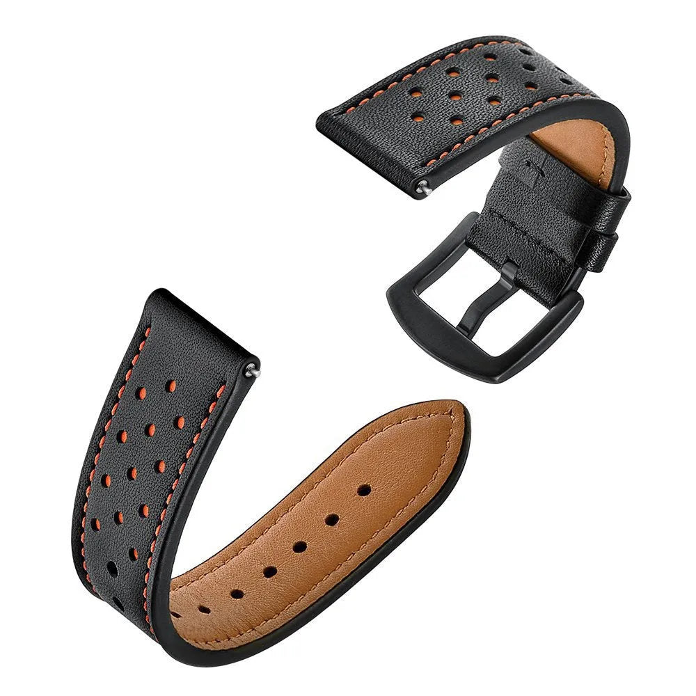 Universa GT leather watch strap in black, 20mm width, on neutral background