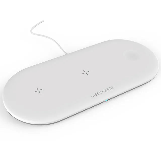 Black three-in-one wireless charging station for Apple mobile phone, iWatch and headphones on desktop