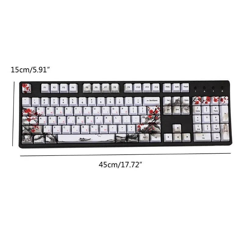 Set of 109 PBT keycaps with plum blossom design on a black background, showing Japanese legend style.