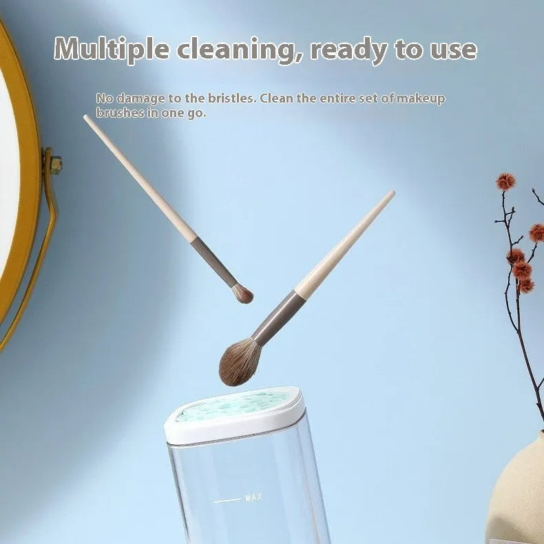 USB rechargeable electric makeup brush cleaner with 8000 RPM motor, storage box, and square cleaning cup in Elegant Grey