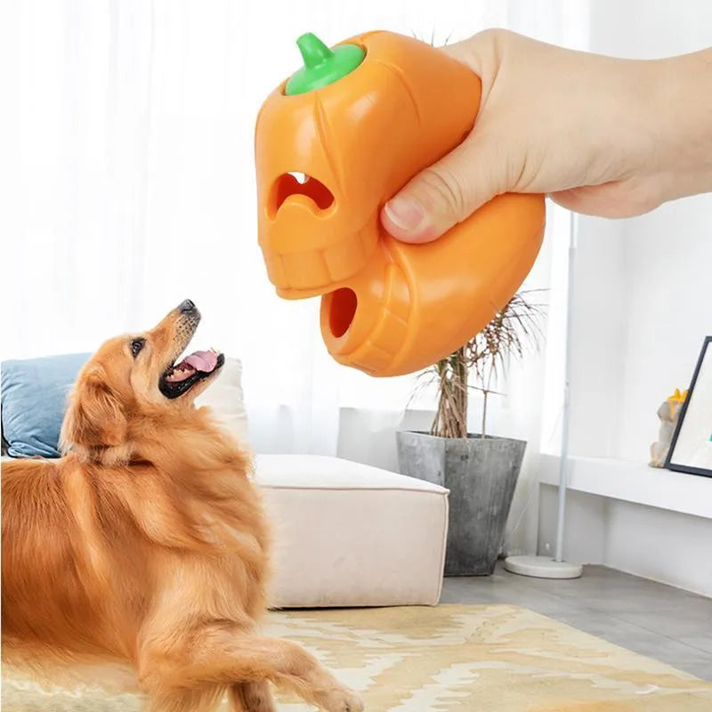 Yellow pumpkin-shaped TPR dog chew toy for aggressive chewers