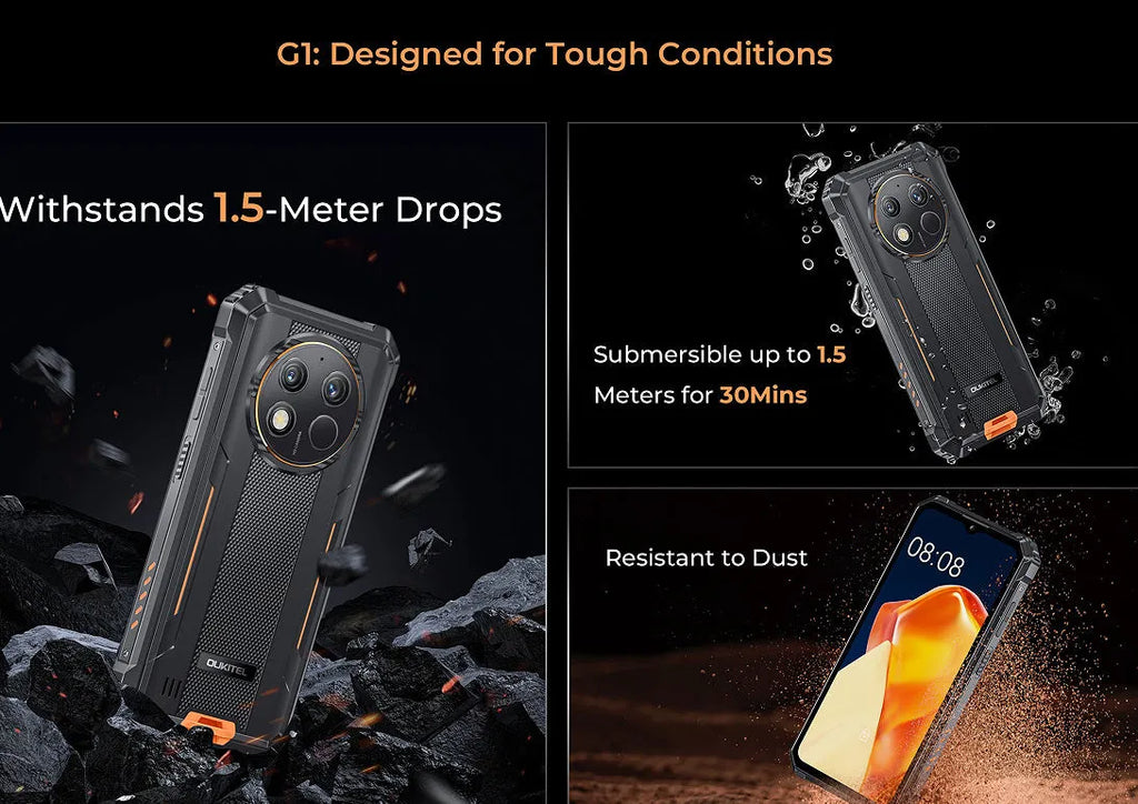 OUKITEL G1 mobile phone showing grey green orange colour options with plastic construction