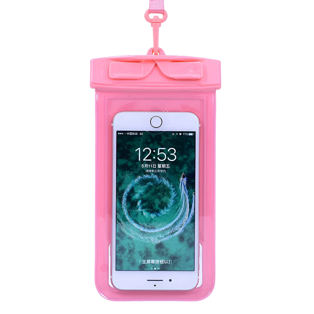Waterproof PVC bag for mobile phones in multiple colours on a beach