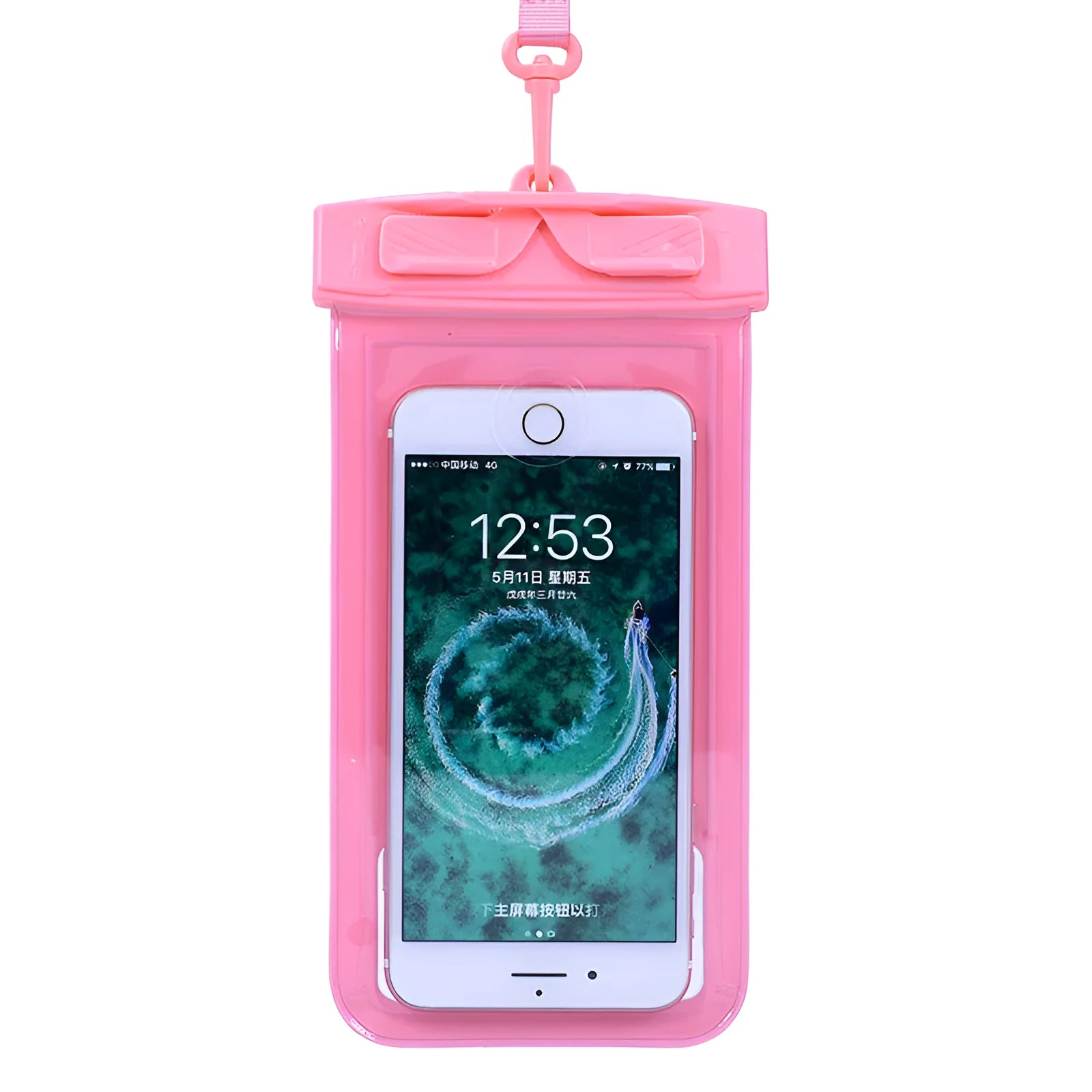 Waterproof PVC bag for mobile phones in multiple colours on a beach