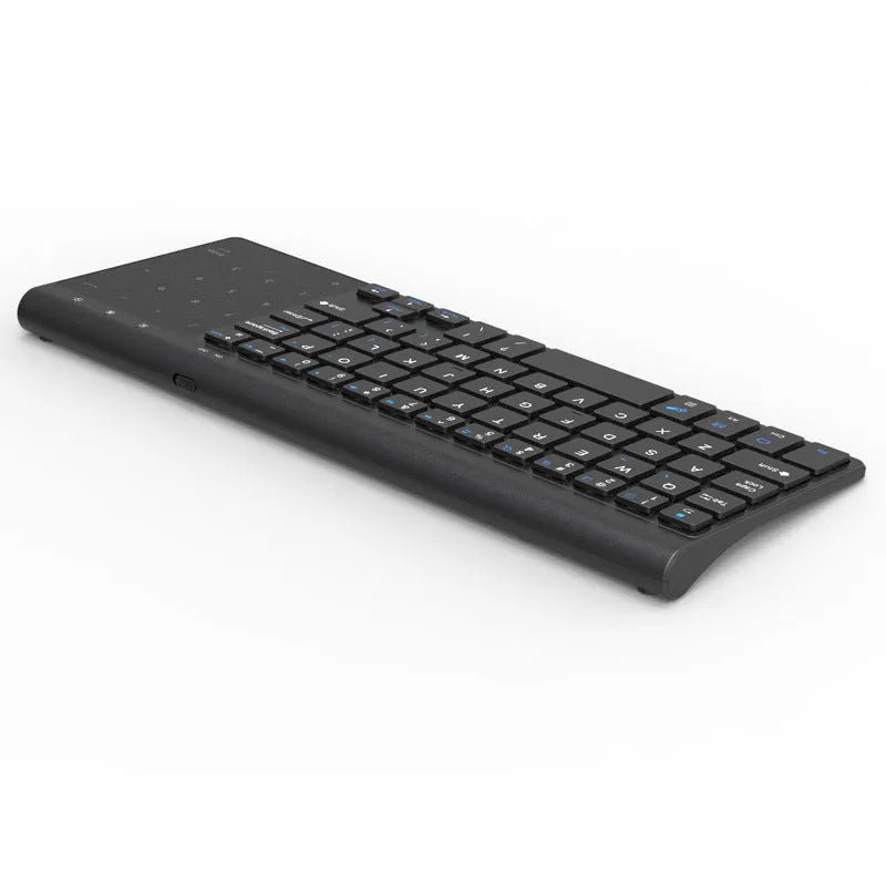 Compact black wireless keyboard with 59 keys, low battery alarm, and ≤10m wireless range