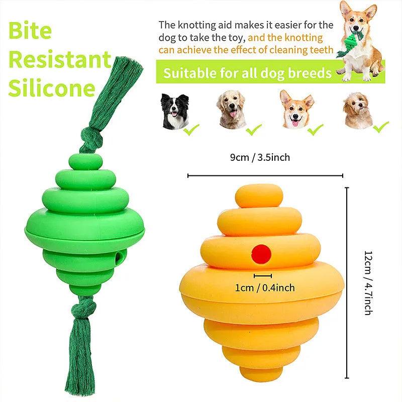 Green and yellow silicone dog ball with rope attachment for food dispensing and tug-of-war games