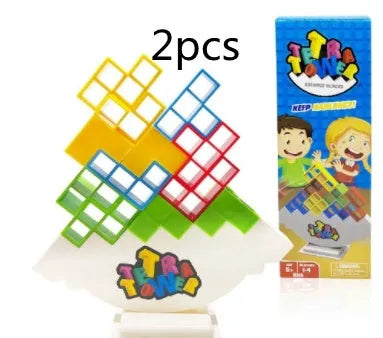 Balance stacking board game with 16 colourful plastic blocks on chassis