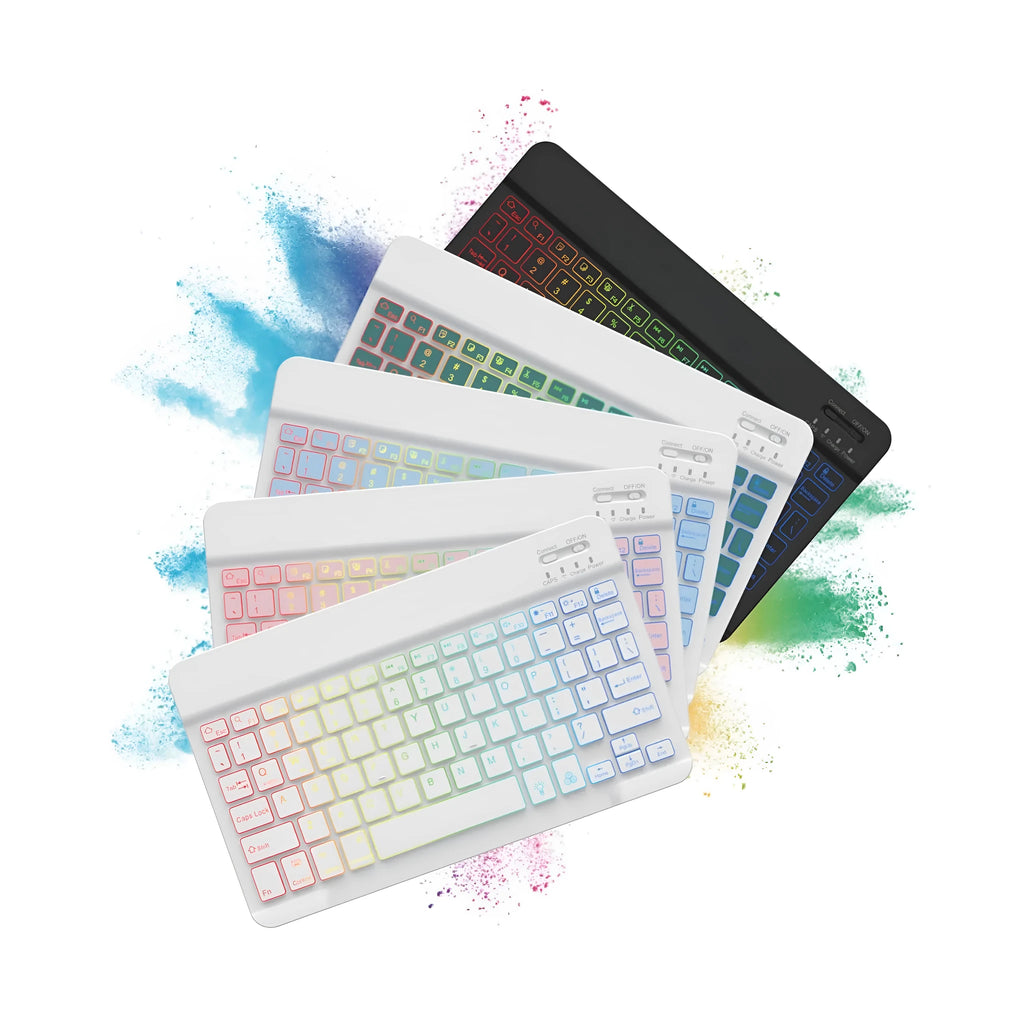 10-inch backlit Bluetooth keyboard for tablets showing colourful lighting with charging cable