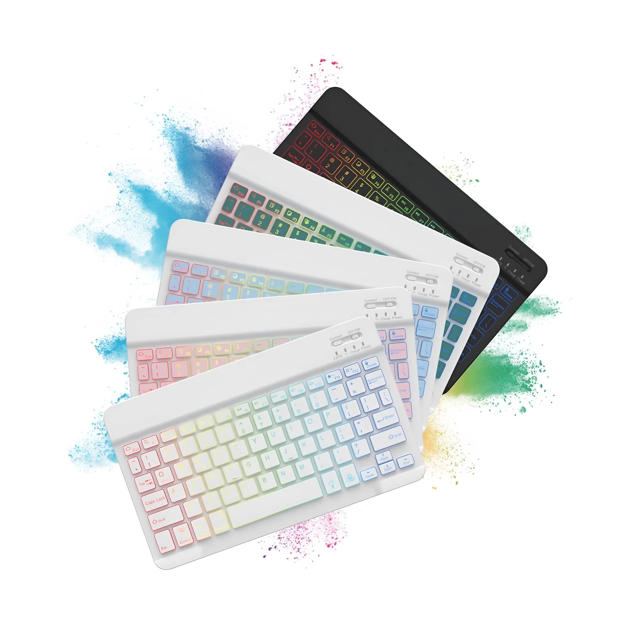10-inch backlit Bluetooth keyboard for tablets showing colourful lighting with charging cable