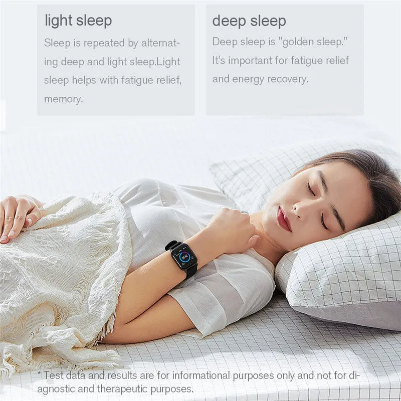 Black waterproof smart bracelet with touchscreen showing heart rate data on a silicone strap