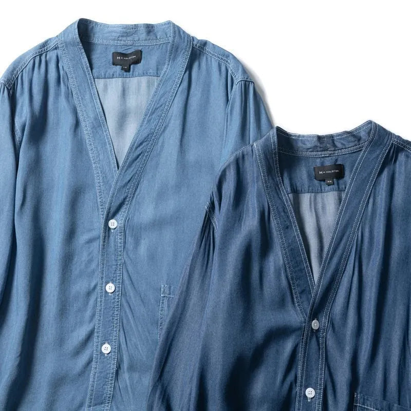Men's dark blue casual coat with three-quarter sleeves and V-neck collar