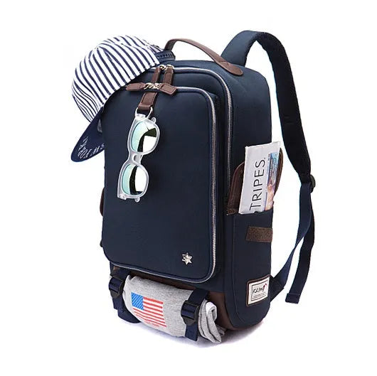 Modern men's large backpack in Oxford cloth, shown in army green colour, with dimensions 30cm by 16cm by 46cm.