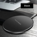 Black ultra-thin wireless fast charging pad measuring 98mm square with USB cable
