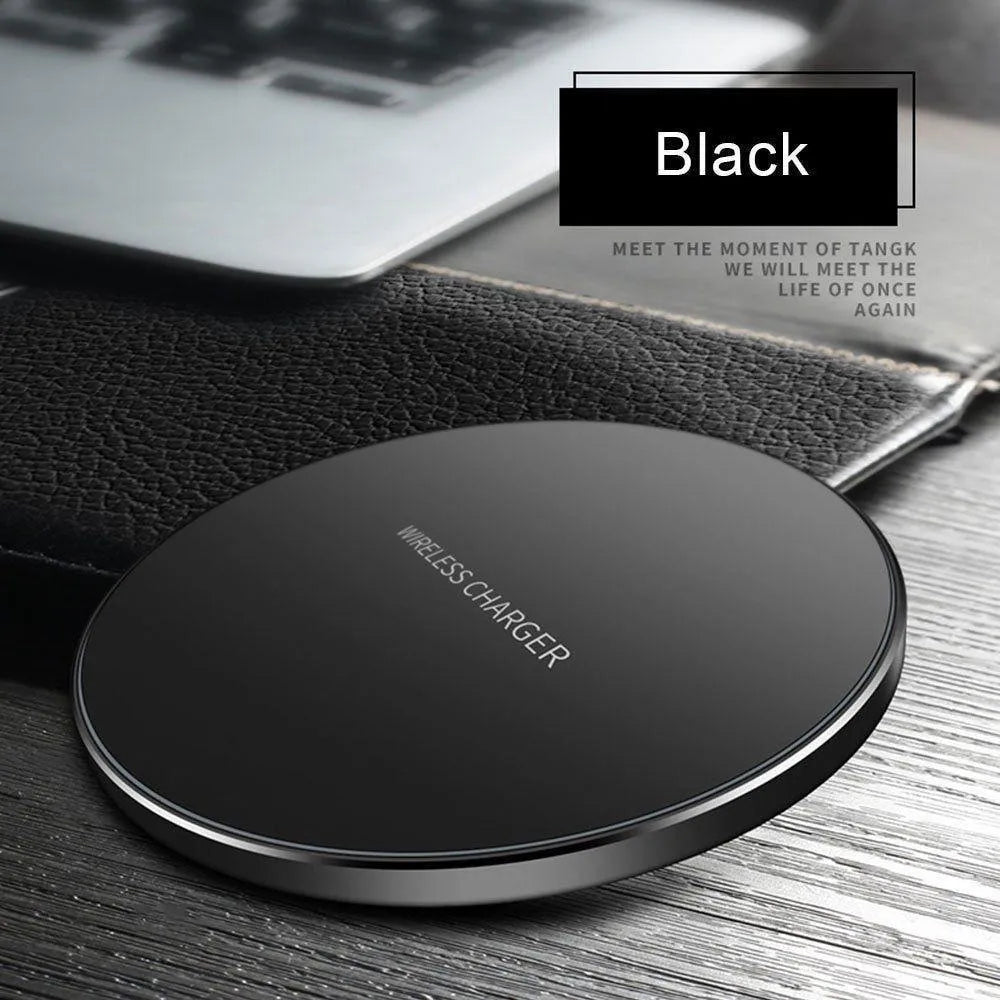 Black ultra-thin wireless fast charging pad measuring 98mm square with USB cable