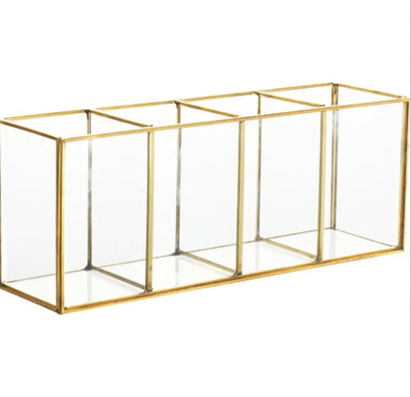 Glass and brass cosmetic storage box, Nordic style, shown as a four box, three box or two box set