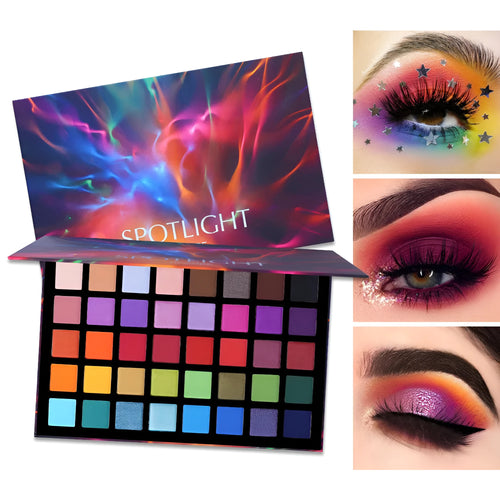 40 colour eye shadow palette with shimmer and matte shades in a paper box