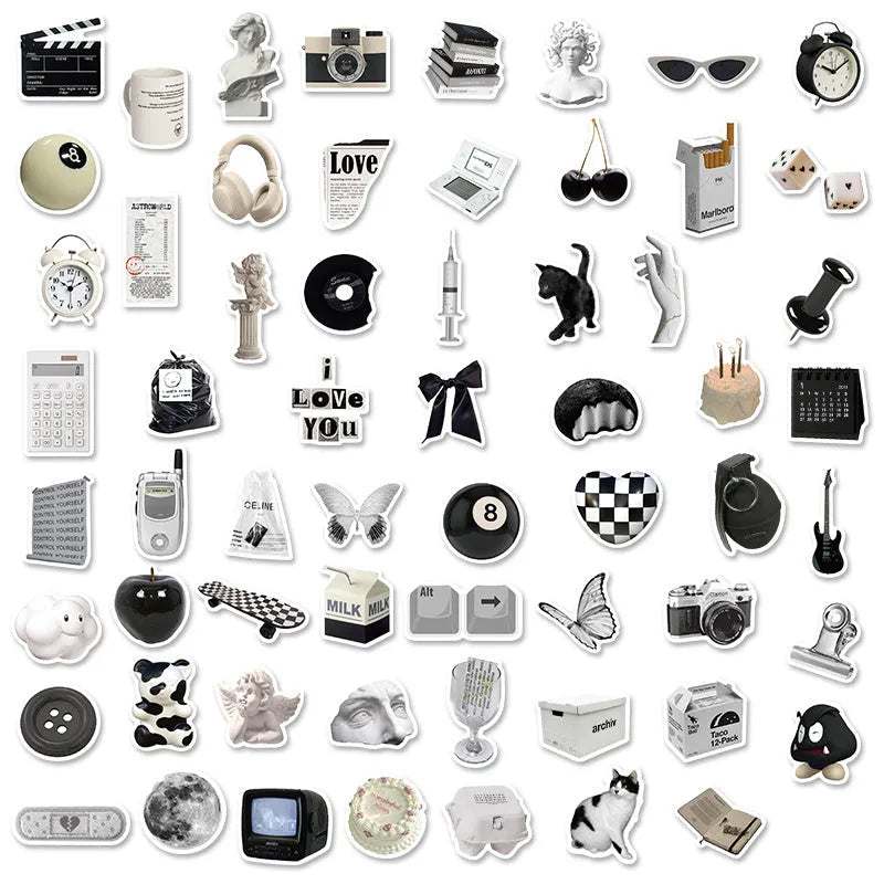 61 black and white waterproof PVC stickers for laptop and phone decoration.