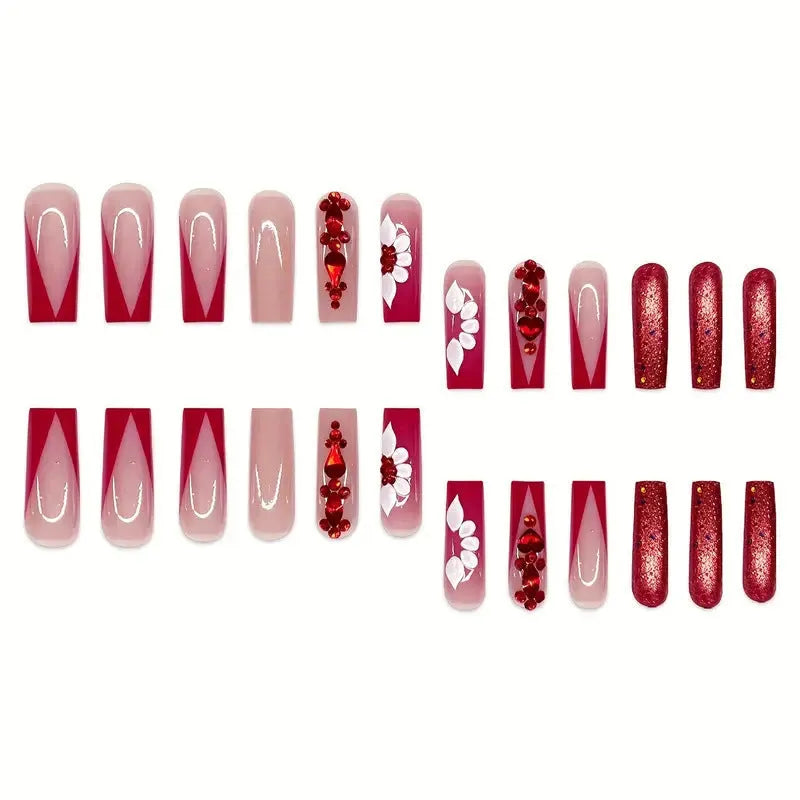Sweet flowers pattern artificial nails with prismatic red diamond accents in European square shape
