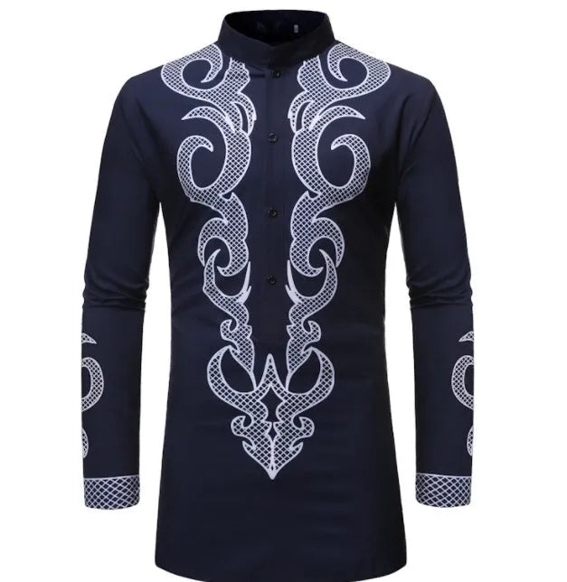 African dashiki print polyester shirt for men long sleeves plain pattern black