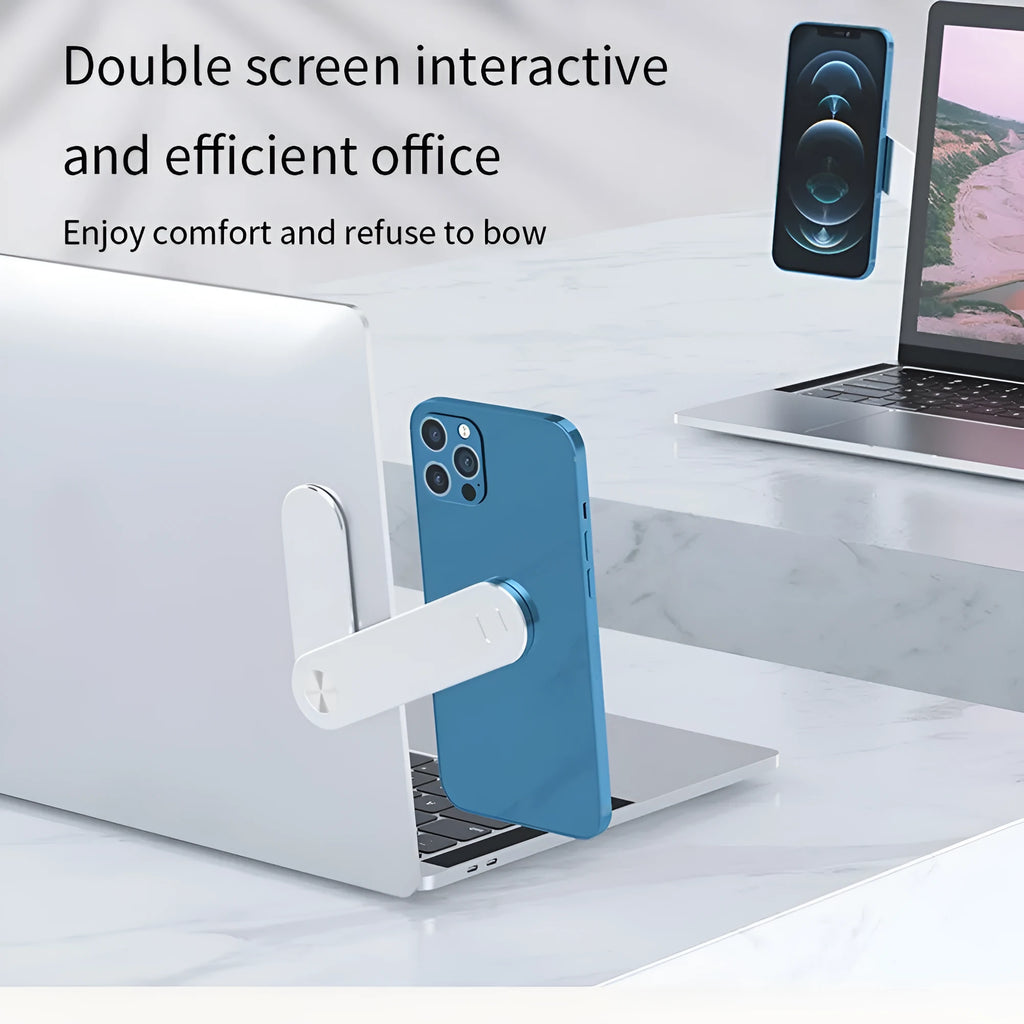 Black aluminium laptop phone holder with magnetic clip attached to laptop edge holding a smartphone