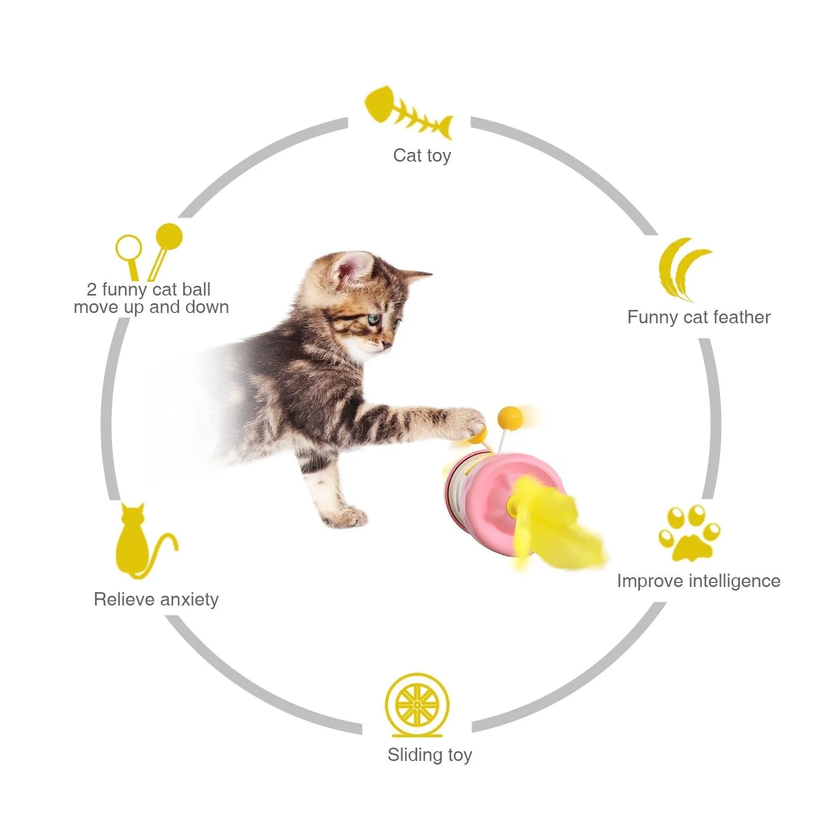 Blue interactive cat toy stick pole with tumbler and feather ball for chasing play.