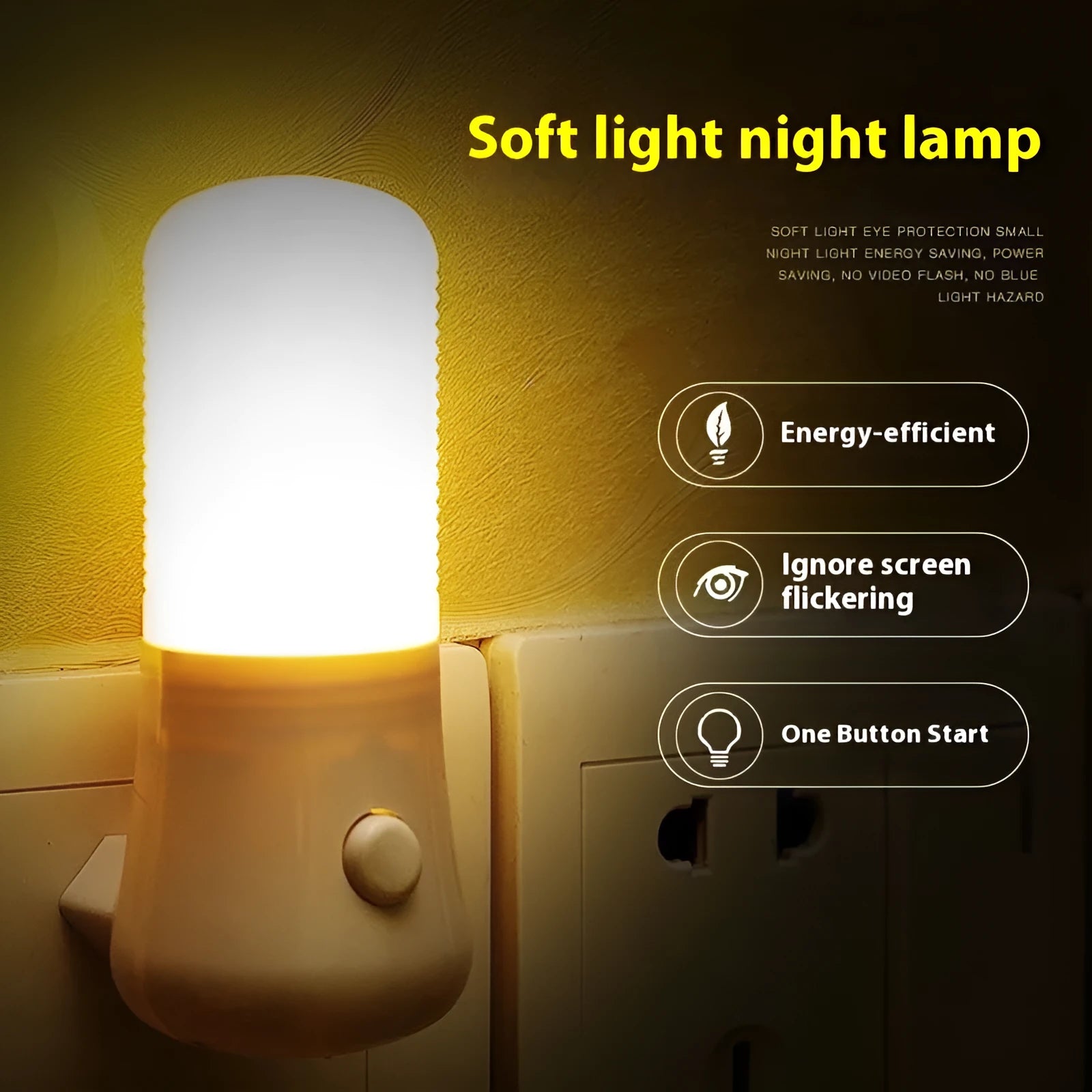 Minimalist white plug-in bedside night light with compact dimensions installed in wall socket