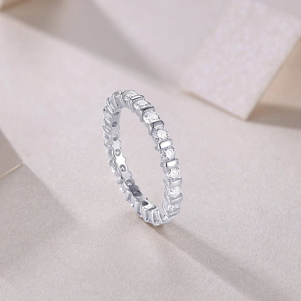 Starlight Love moissanite wedding ring set in platinum finish on white background with gift box and GRA certificate