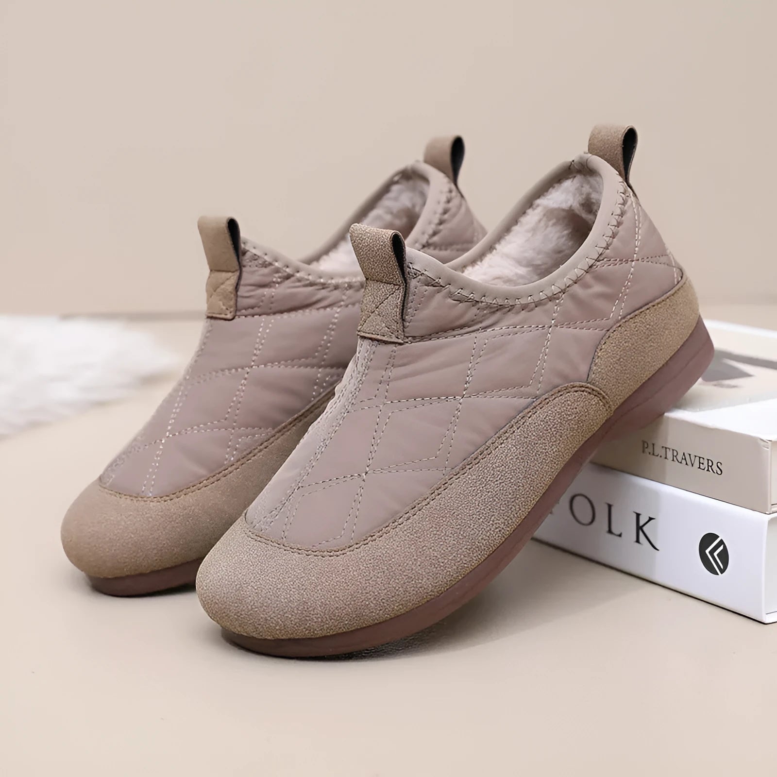 Women's winter cloth shoes in apricot with umbrella cloth upper, flat heel, and velvet soft bottom