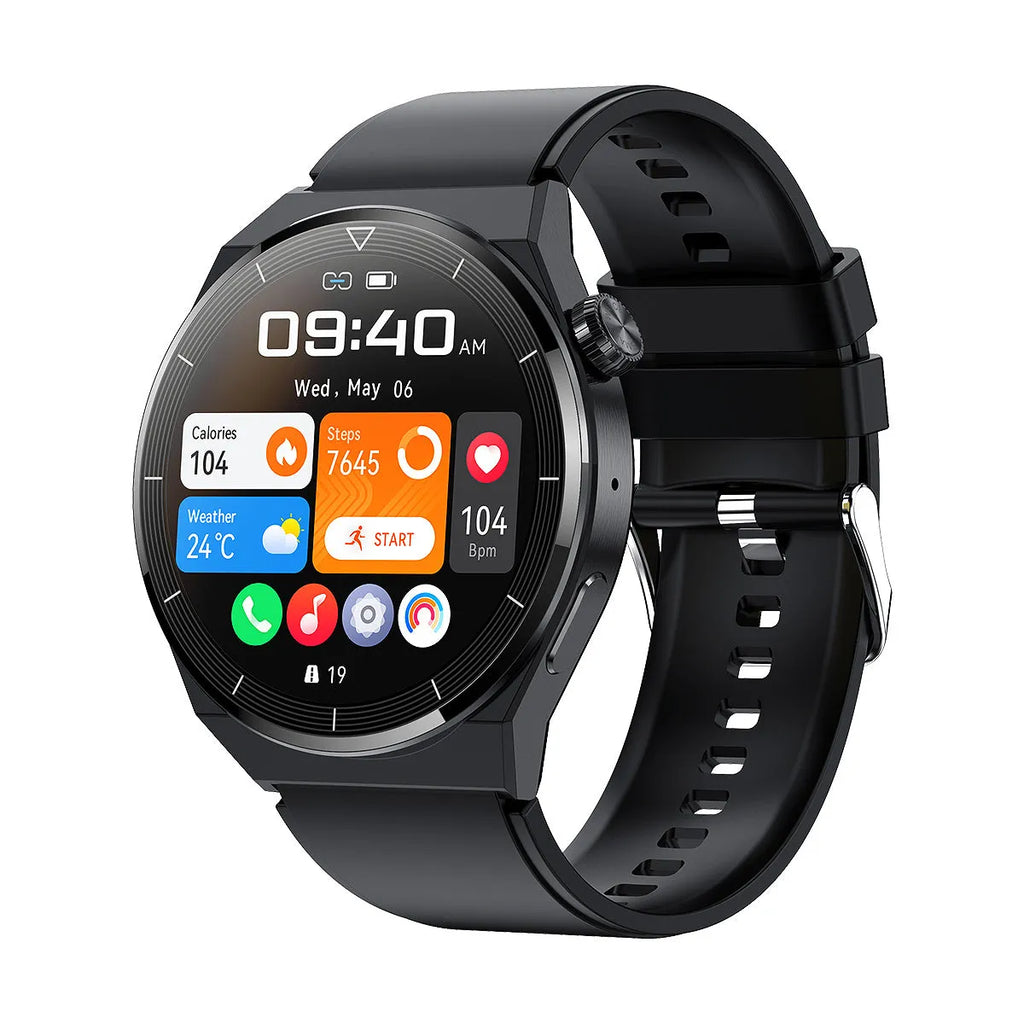 Round dial smart watch with Bluetooth calling and NFC access control features on silicone strap