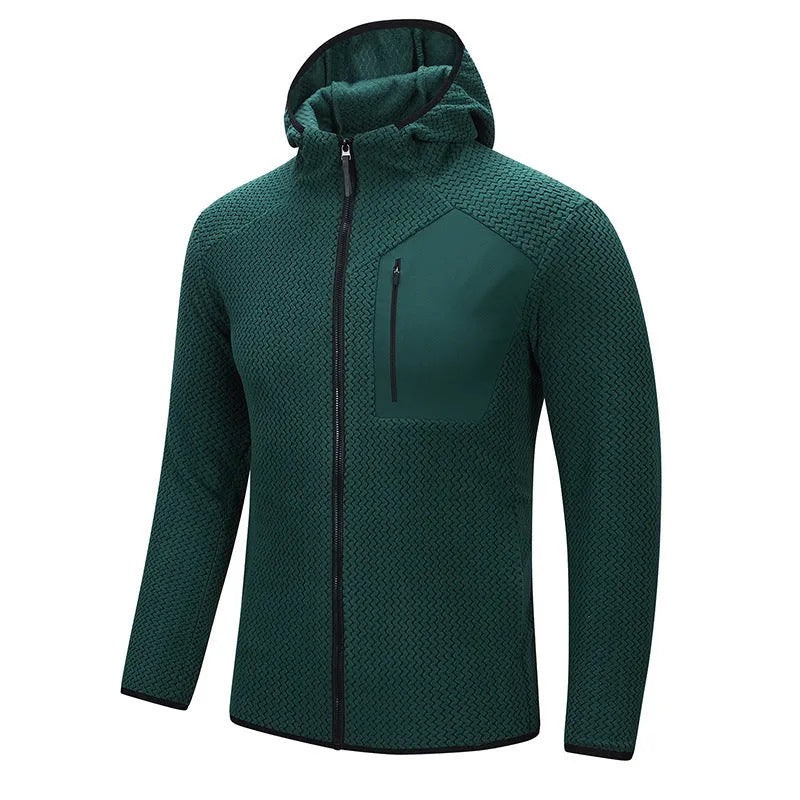 Thickened hooded fleece jacket in black, full zip, side pockets, for men youth outdoor sports