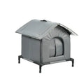 Gray cloth waterproof cat nest for stray cats with hanging bracket in outdoor winter setting
