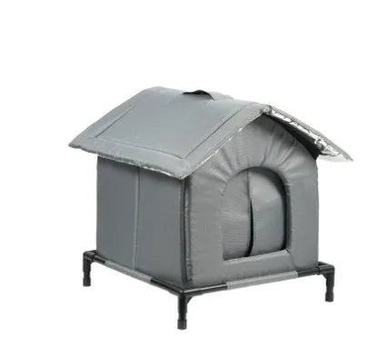 Gray cloth waterproof cat nest for stray cats with hanging bracket in outdoor winter setting