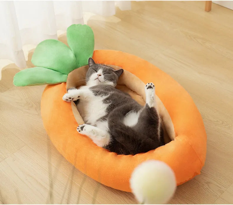 Carrot-shaped nesting dog bed for small medium pets with a removable soft blanket