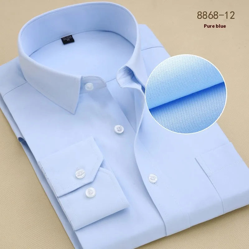 Men's black slim fit long sleeve cotton business shirt on a hanger