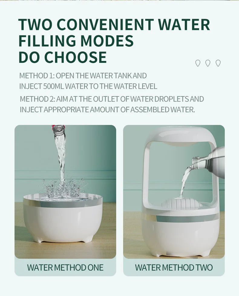 Anti-gravity humidifier with water drop backflow circulation and 500ml capacity for bedroom or office use