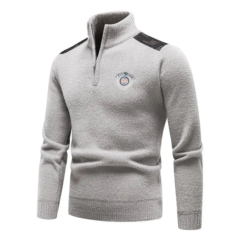 Men's velvet stand collar thickened sweater in beige, straight cut pullover with long sleeves.