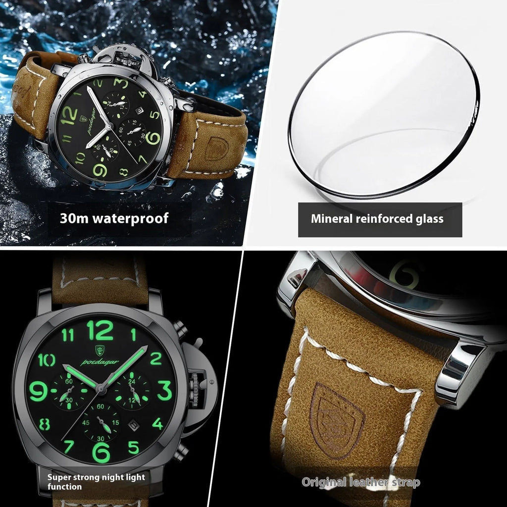 Men's casual sports watch with round dial, real leather strap, and mineral glass in silver case black dial style