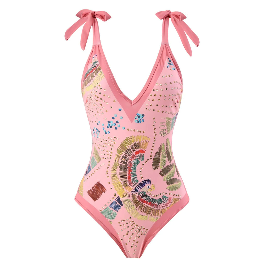 Women's blue French retro one-piece backless swimsuit with matching gauze skirt for the beach