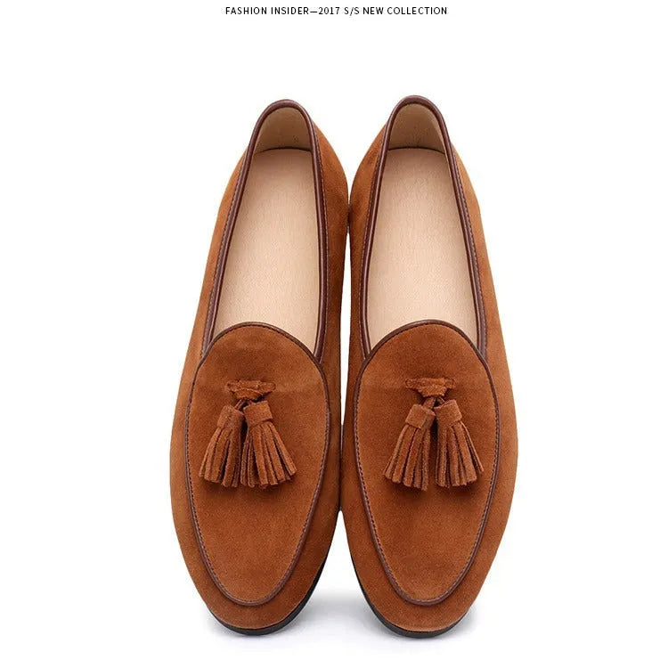Men's fashion retro British tassel slip-on shoes with artificial PU upper in black, blue, brown, dark gray, sizes 38 to 48