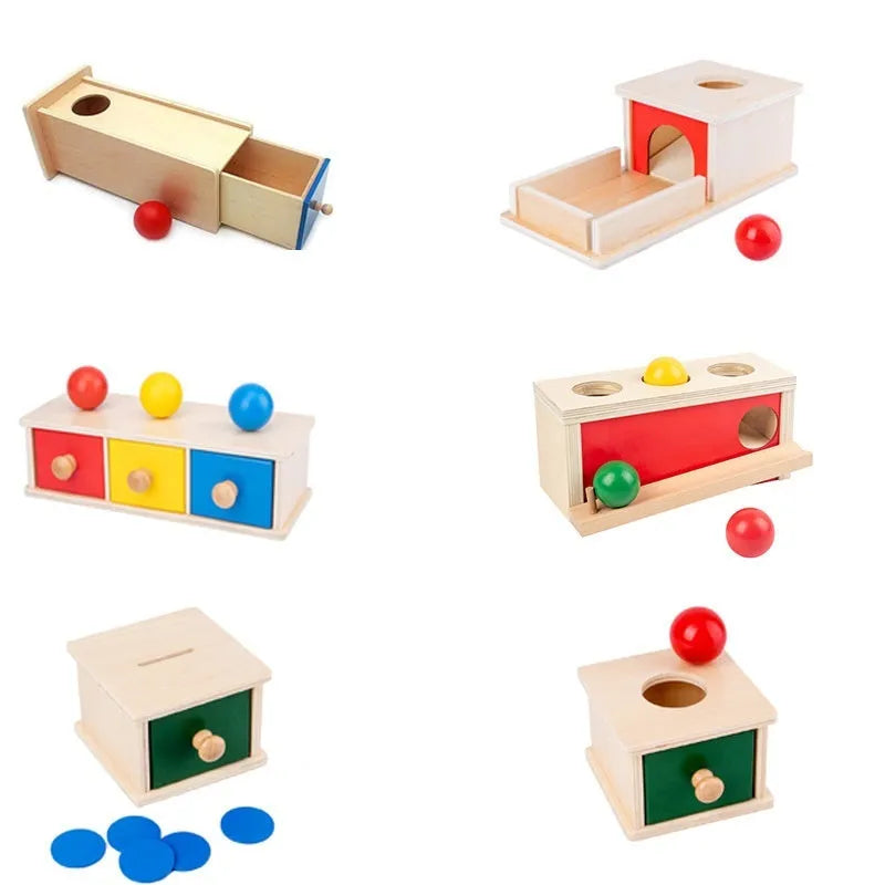 Wooden coin box drawer game teaching aid for infants 0-3 years, 14.5x13x9cm size, ball rectangular drawer colour