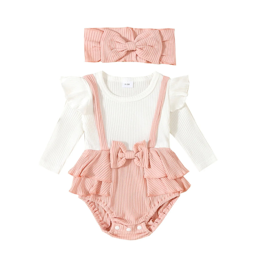 Baby girls cotton romper with flounced shoulder strap and long sleeves in pink, triangle jumpsuit style